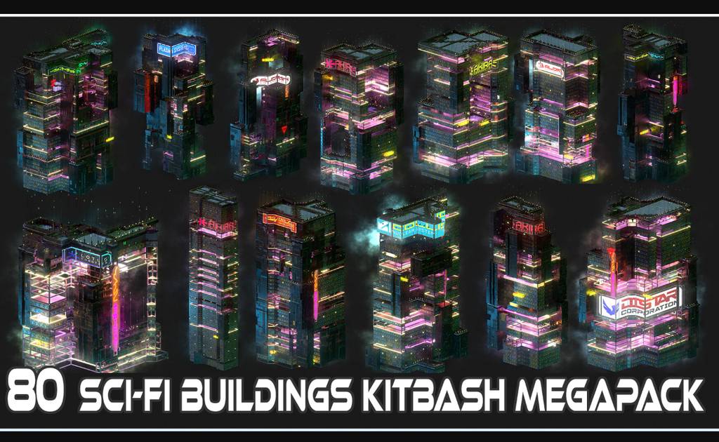 模型资产 – 80 种赛博朋克城市建筑 Sci-Fi Cyberpunk City Building Kitbash Pack