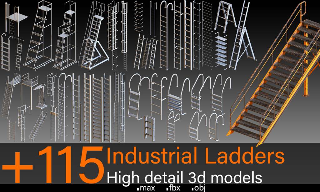 115 种工业梯子高细节3D模型 115 Industrial Ladders High detail 3d models