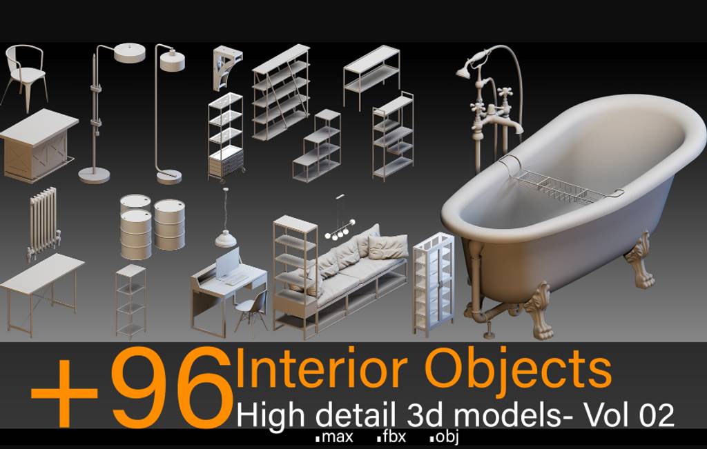 模型资产 – 96种室内设计高细节 3d 模型 +96 Interior Objects- Vol 02- High detail 3d models