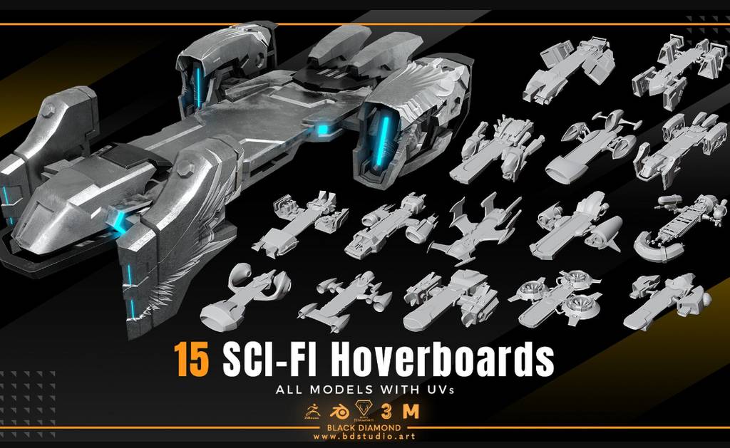模型资产 – 15种科幻模型15 SCI-FI Hoverboard Models