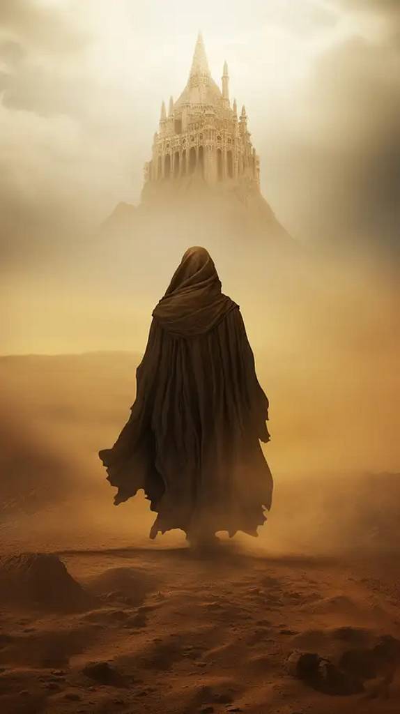 身披醒目斗篷的神秘人物在沙漠中穿行