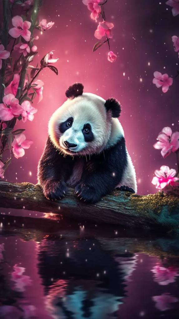 开满粉色花朵的树枝上玩耍的可爱熊猫