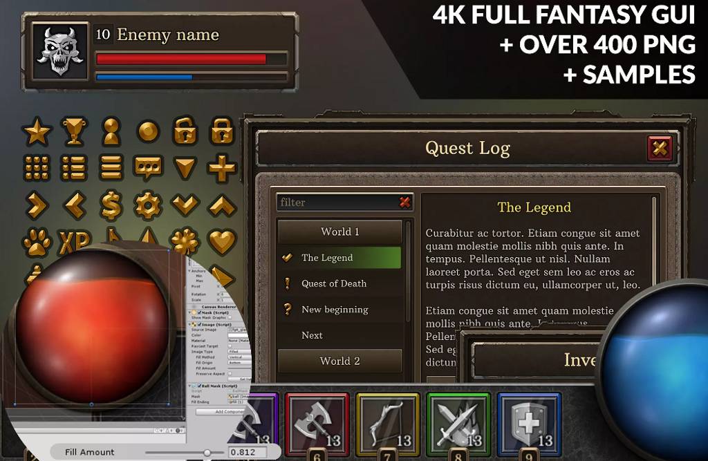 Unity – 游戏图标 4k Full Fantasy GUI + over 400 png + samples
