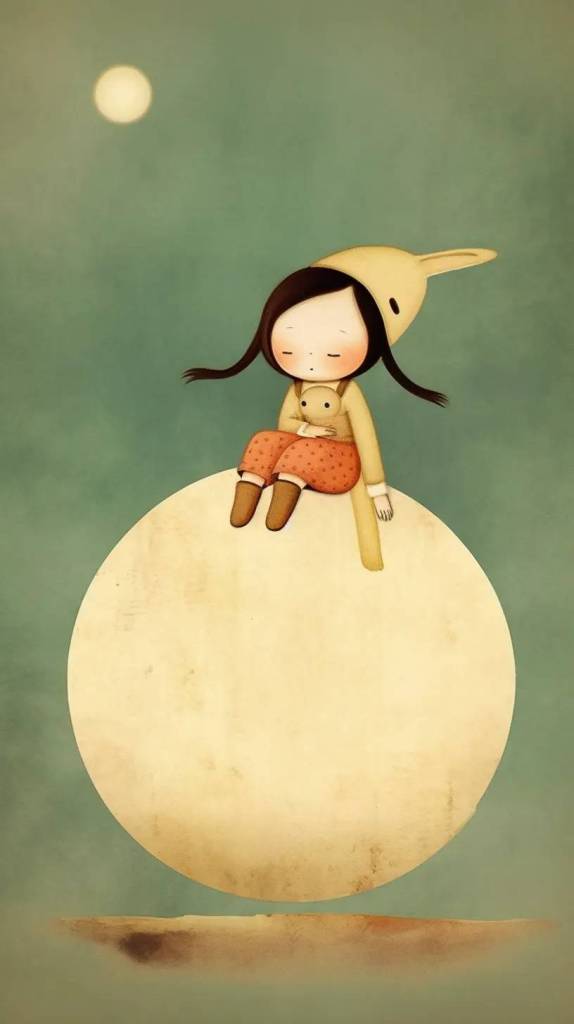 小女孩抱着小兔子坐在月亮上