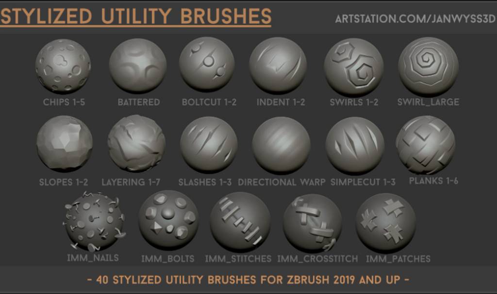 Zbrush笔刷 – 40 款Zbrush 风格化画笔 Stylized Utility Brushset