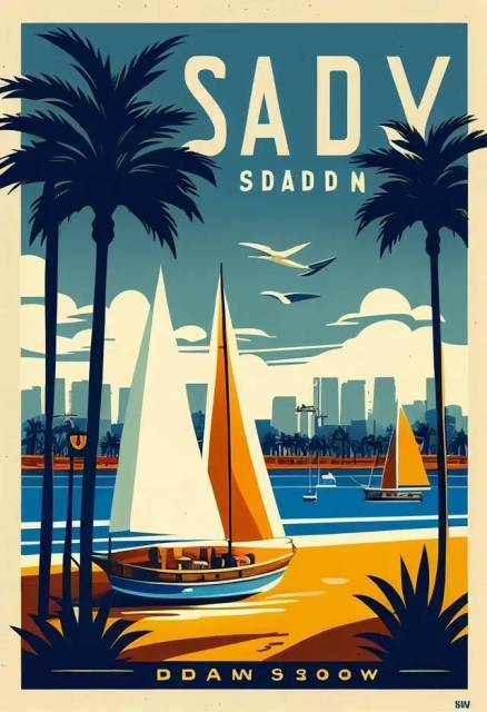 圣地亚哥使命湾复古旅游海报