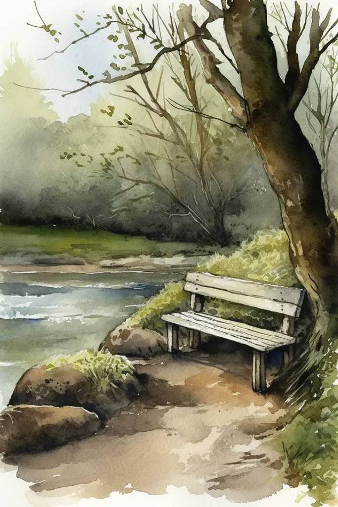水彩插画：俯瞰溪流的树前的蓝色旧长椅