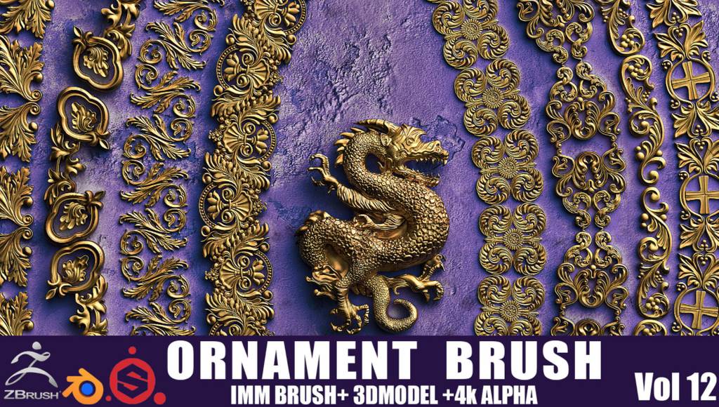 Zbrush笔刷 – 60 种装饰品笔刷 ORNAMENT BRUSH ( IMMBRUSH+3dModels+4kAlphas ) Vol 12