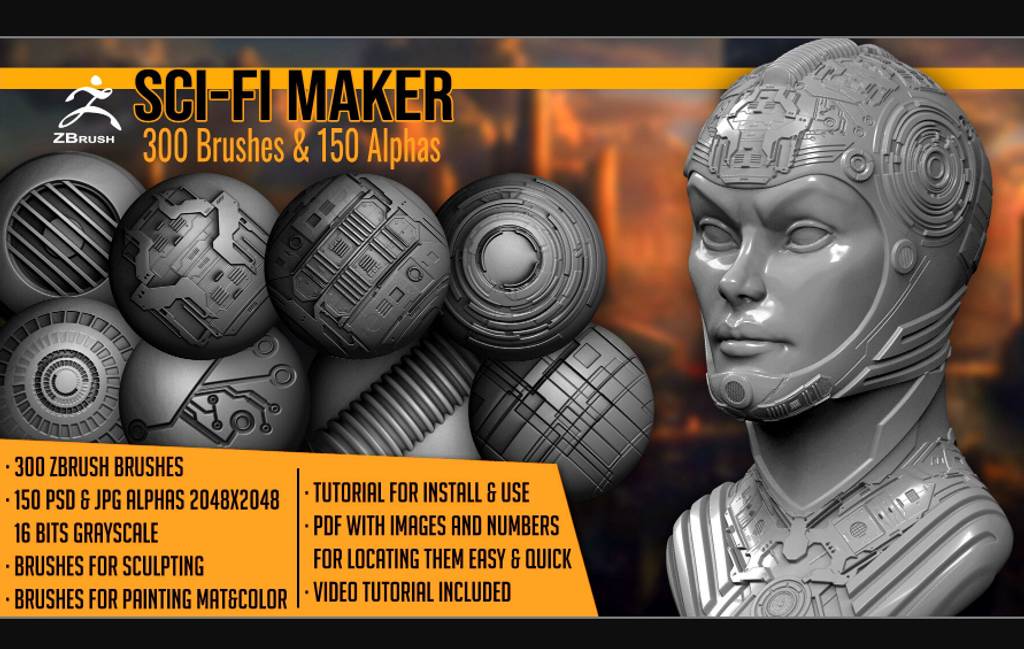 Zbrush笔刷 – 300 个ZB科幻笔刷 Sci-Fi Maker 300 ZBrush Brushes And 150 Alphas