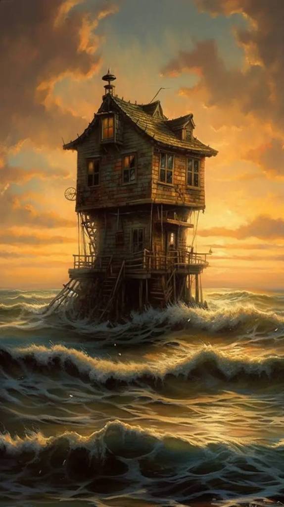 海上房屋的油画作品