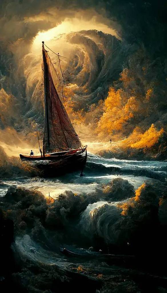 风格化帆船暴风中航行风景画