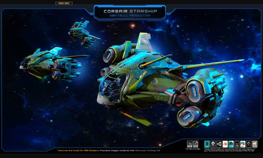 模型资产 – 科幻海盗飞船 RTS Games – SF Corsair Starship Low-poly 3D model