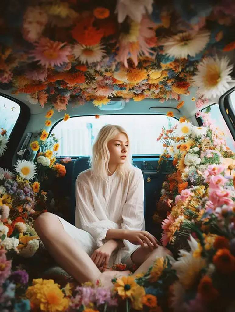 一个女孩坐在开满鲜花的车里