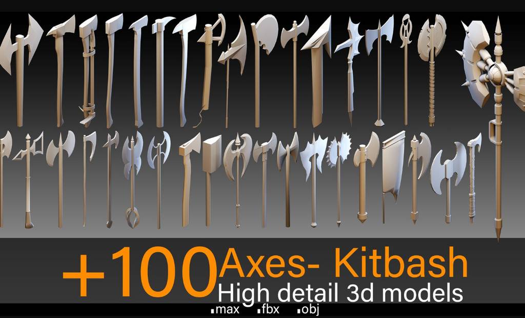 模型资产 – 高细节冷兵器武器3D模型 100 Axes- Kitbash- High detail 3d models