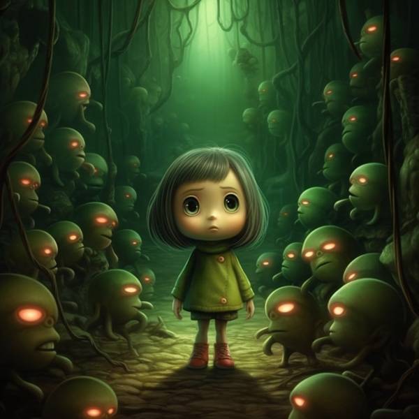 在森林里行走的小女孩艺术插画