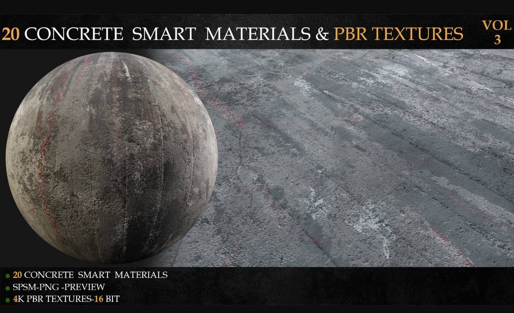 20 种混凝土智能材质和 PBR 纹理 20 CONCRETE SMART MATERIALS & PBR TEXTURES-VOL 3