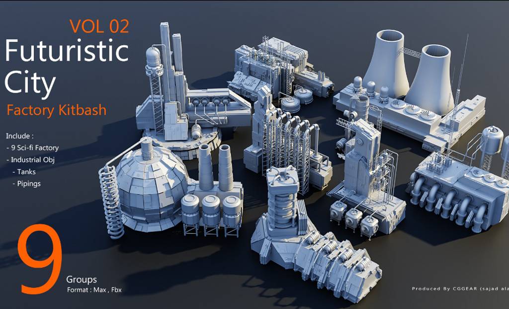 模型资产 – 未来城市工厂3D模型 Futuristic City Kitbash (Factory) Vol 2