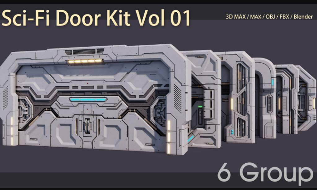 模型资产 – 6 组科幻门3D模型 Sci-Fi Door Kit Vol 01