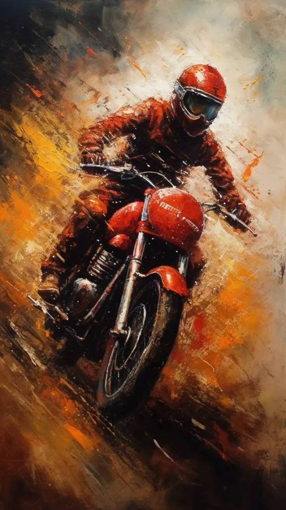 红色画布上的摩托车手画像