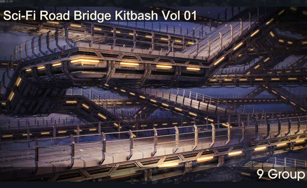 模型资产 – 9 组科幻天桥3D模型 Sci-Fi Road Bridge Kitbash Vol 01