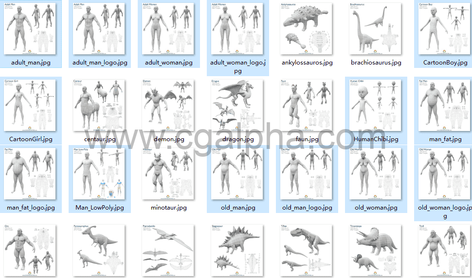 模型资产 – 60 组人物动物基础模型库 Library of 60 Base Meshes