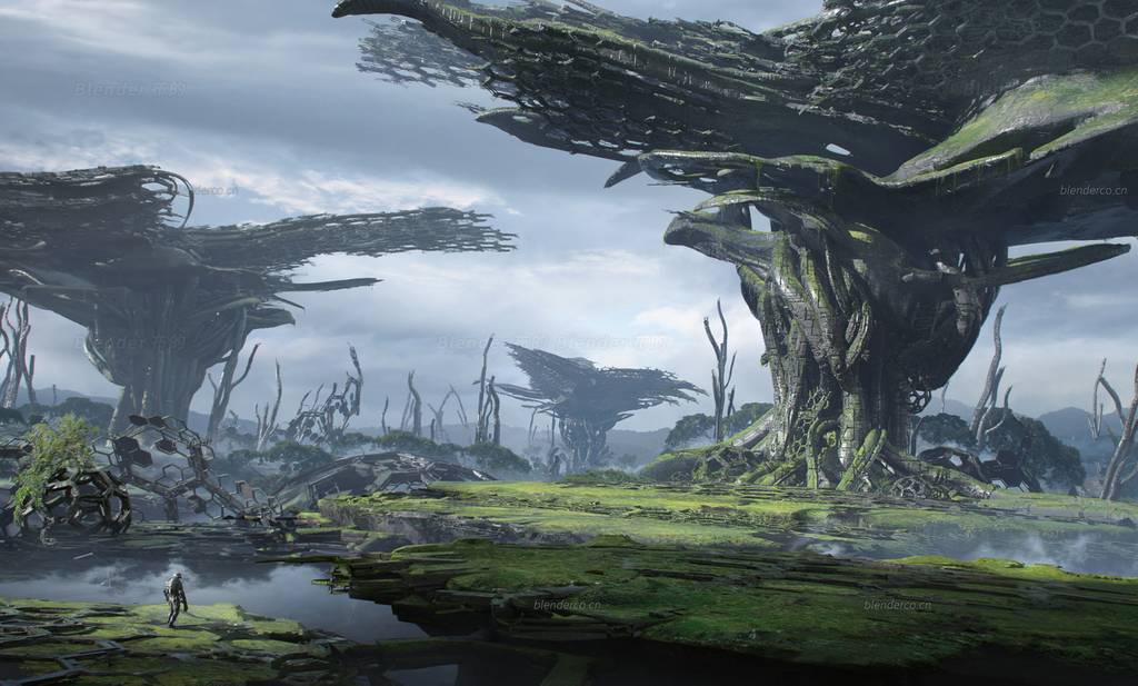 blender科幻异星世界文明遗迹雕像树群沼泽星球碎片场景