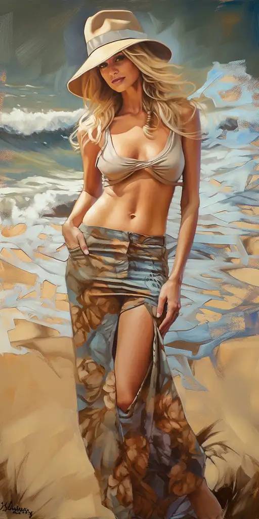 在沙滩上美丽的金发女郎油画